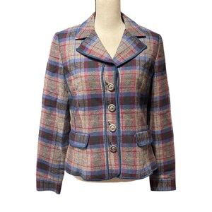 Tribal Women's Multi Color Wool Rayon Blend Fully Lined‎ Plaid Cropped Blazer